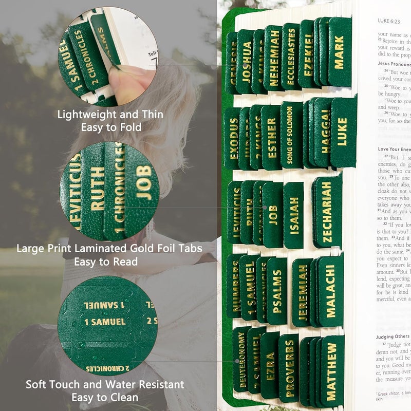 Erilano Bible Tabs for Women and Men - Leather Paper Green Bible Index Tabs - Large Gold Foil Laminated, 66 Tabs for OT & NT, 14 Blank Tabs, Bible Journaling Supplies, Easy to Read & Navigate ﻿ - Image 2
